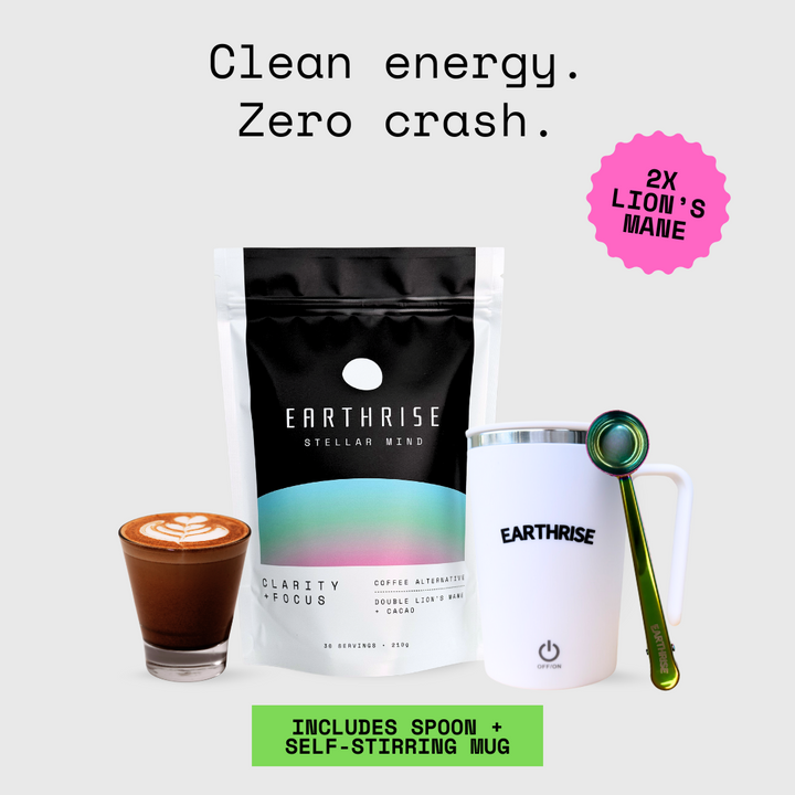 Earthrise Stellar Mind coffee alternative Starter Kit with White Self-stirring Mug and Nebula serving spoon