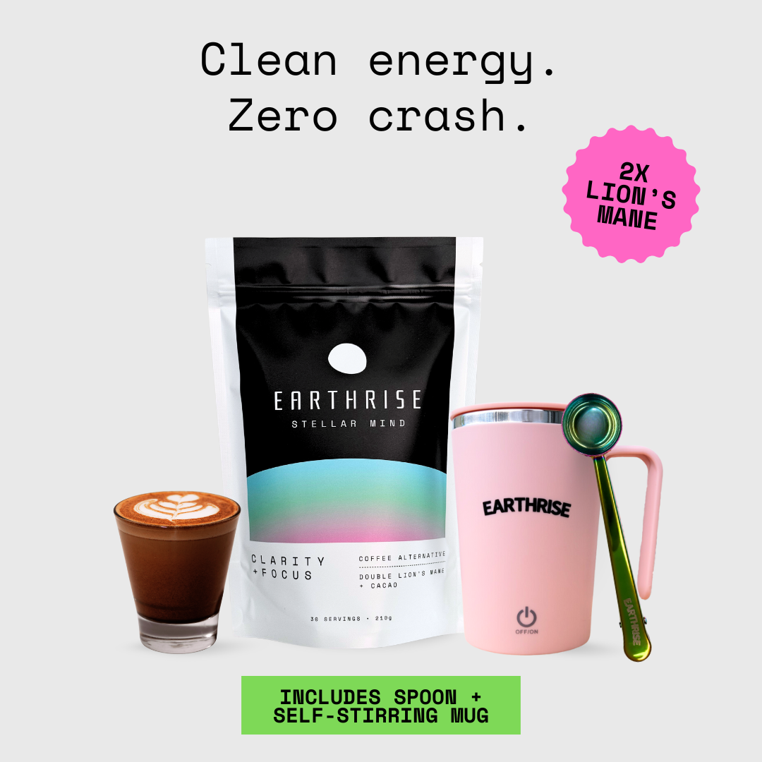 Earthrise Original Blend coffee alternative Starter Kit with Pink Self-stirring Mug and Nebula serving spoon