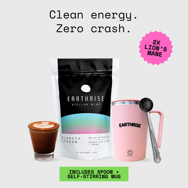 Earthrise Stellar Mind coffee alternative Starter Kit with Pink Self-stirring Mug and Silver serving spoon