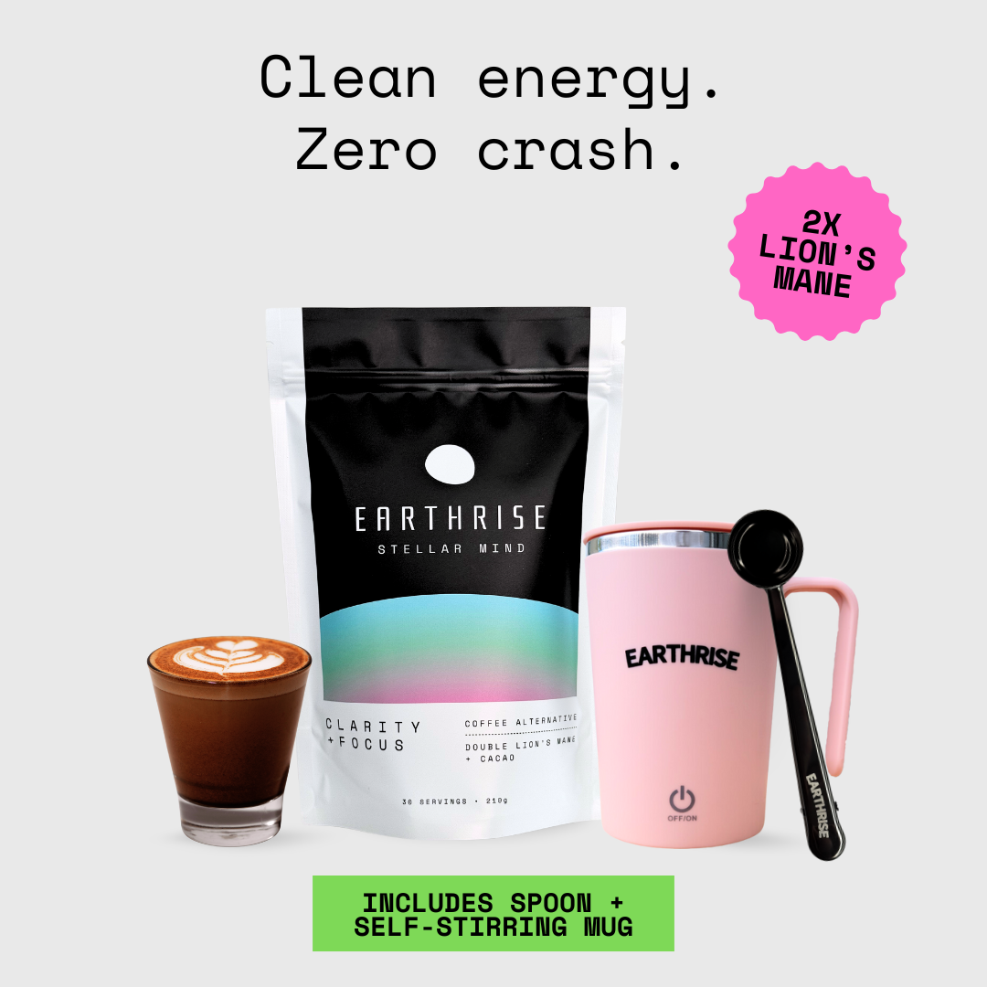 Earthrise Stellar Mind coffee alternative Starter Kit with Pink Self-stirring Mug and Black serving spoon
