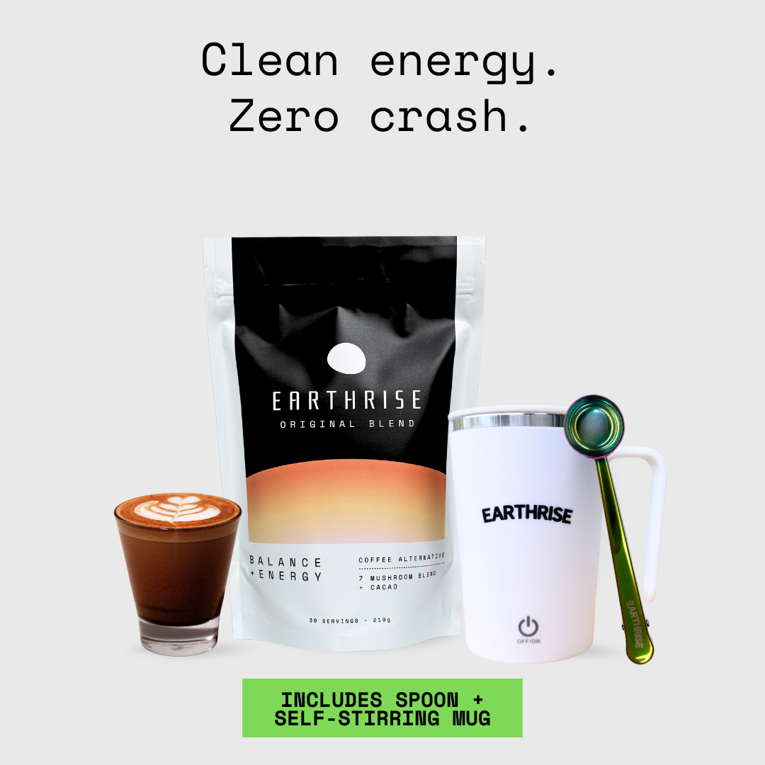Earthrise Original Blend coffee alternative Starter Kit with White Self-stirring Mug and Nebula serving spoon
