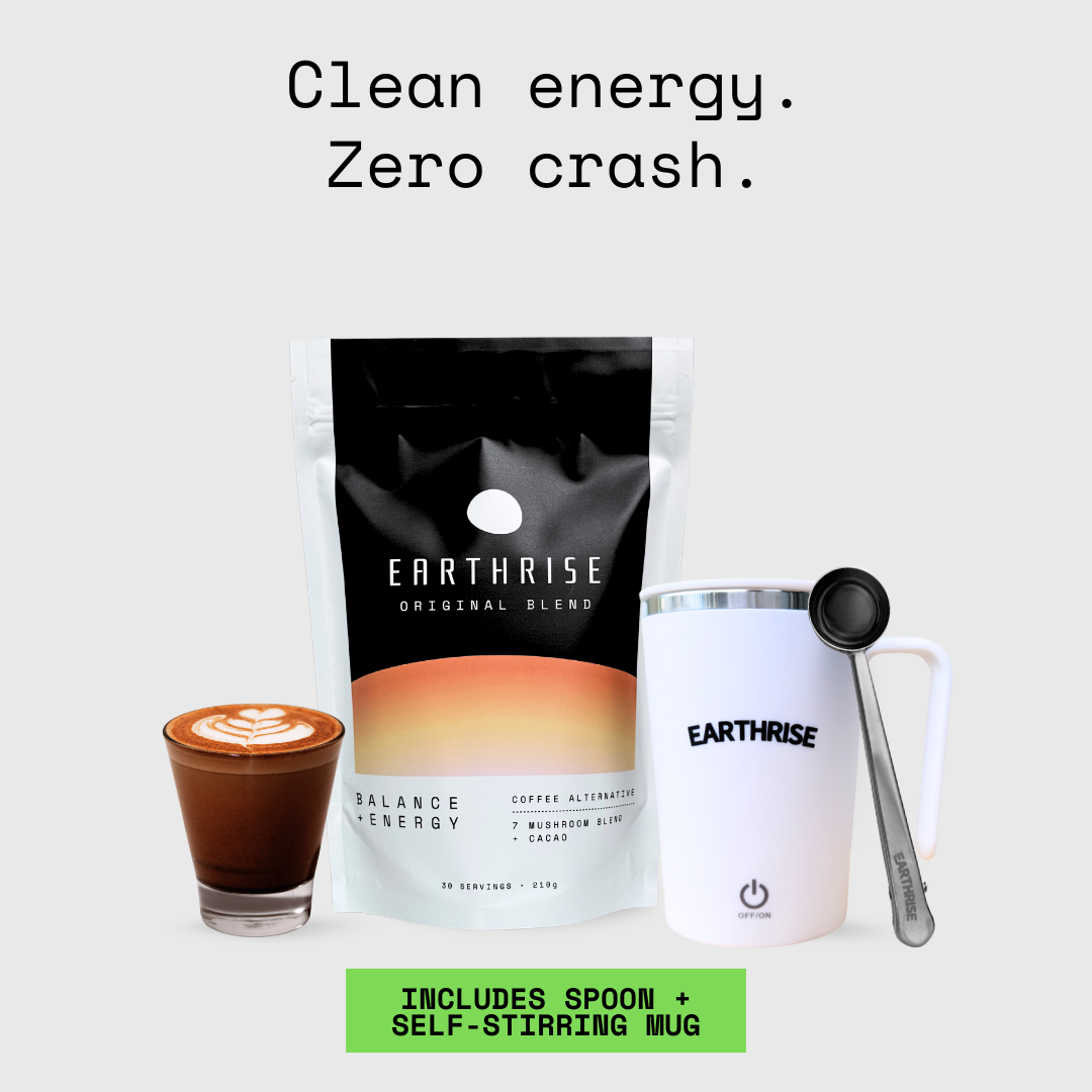 Earthrise Original Blend coffee alternative Starter Kit with White Self-stirring Mug and Silver serving spoon