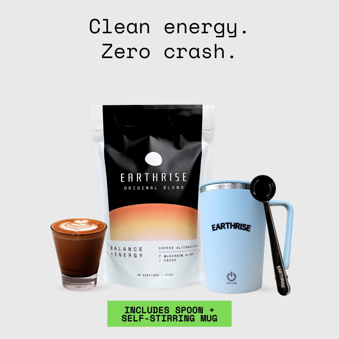 Earthrise Original Blend coffee alternative Starter Kit with Blue Self-stirring Mug and Black serving spoon