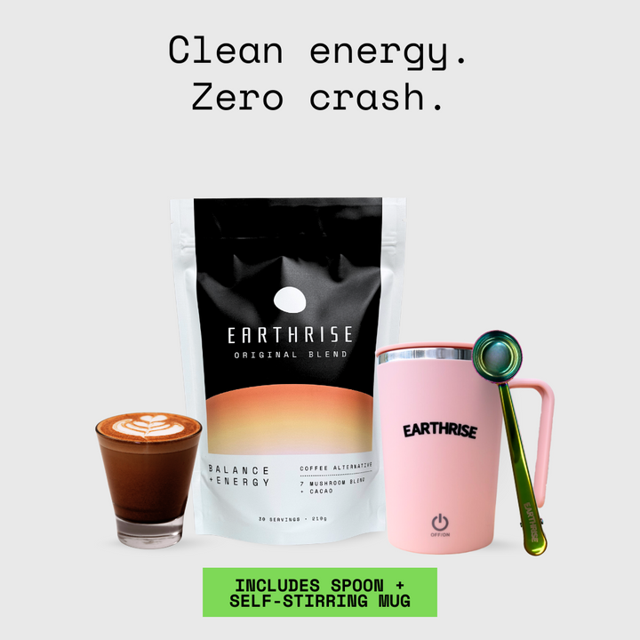 Earthrise Original Blend coffee alternative Starter Kit with Pink Self-stirring Mug and Nebula serving spoon