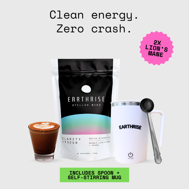 Earthrise Stellar Mind coffee alternative Starter Kit with White Self-stirring Mug and Silver serving spoon