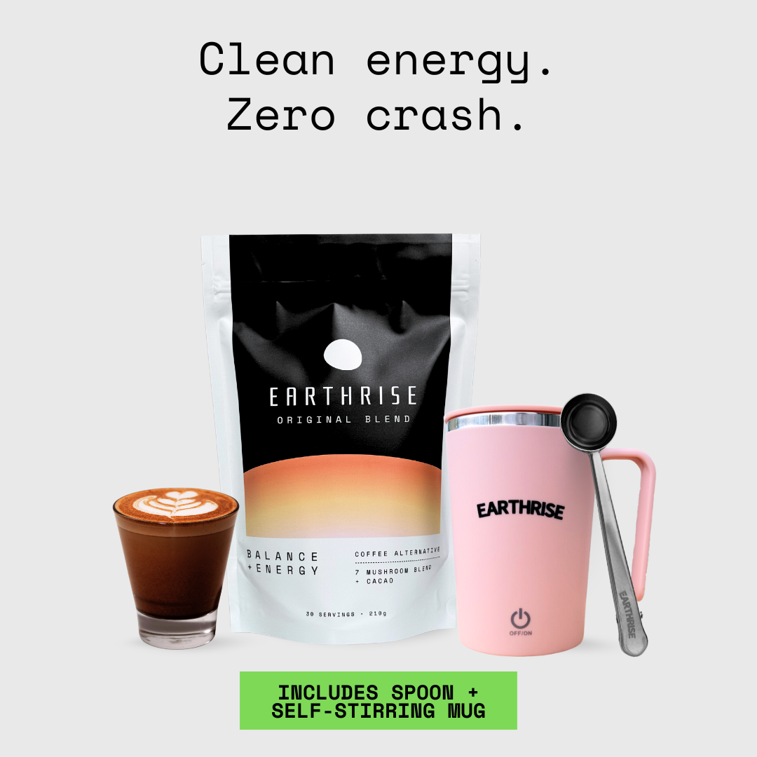 Earthrise Original Blend coffee alternative Starter Kit with Pink Self-stirring Mug and Silver serving spoon