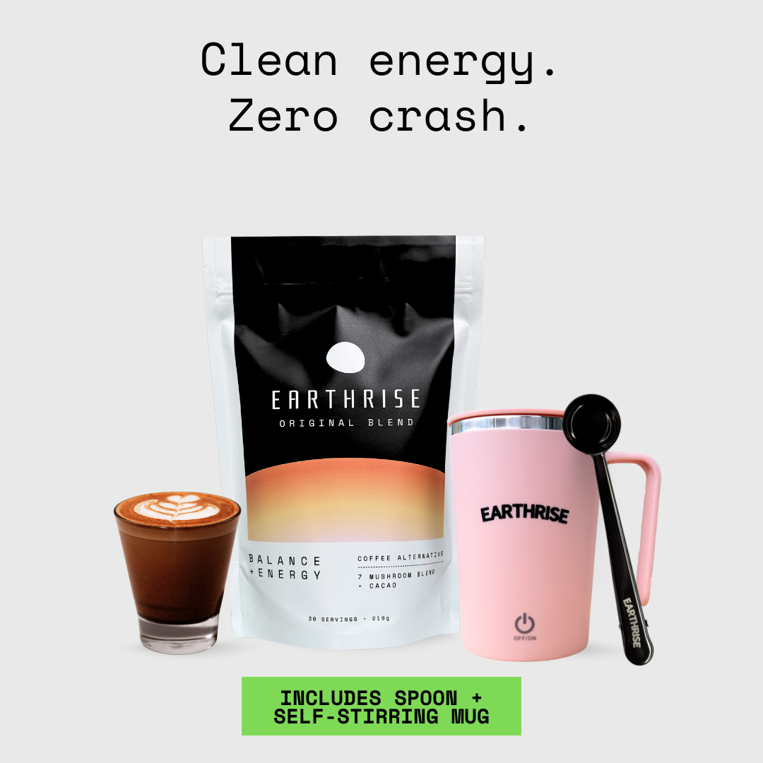 Earthrise Original Blend coffee alternative Starter Kit with Pink Self-stirring Mug and Black serving spoon