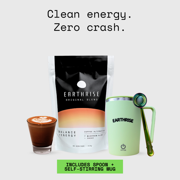 Earthrise Original Blend coffee alternative Starter Kit with Green Self-stirring Mug and Nebula serving spoon