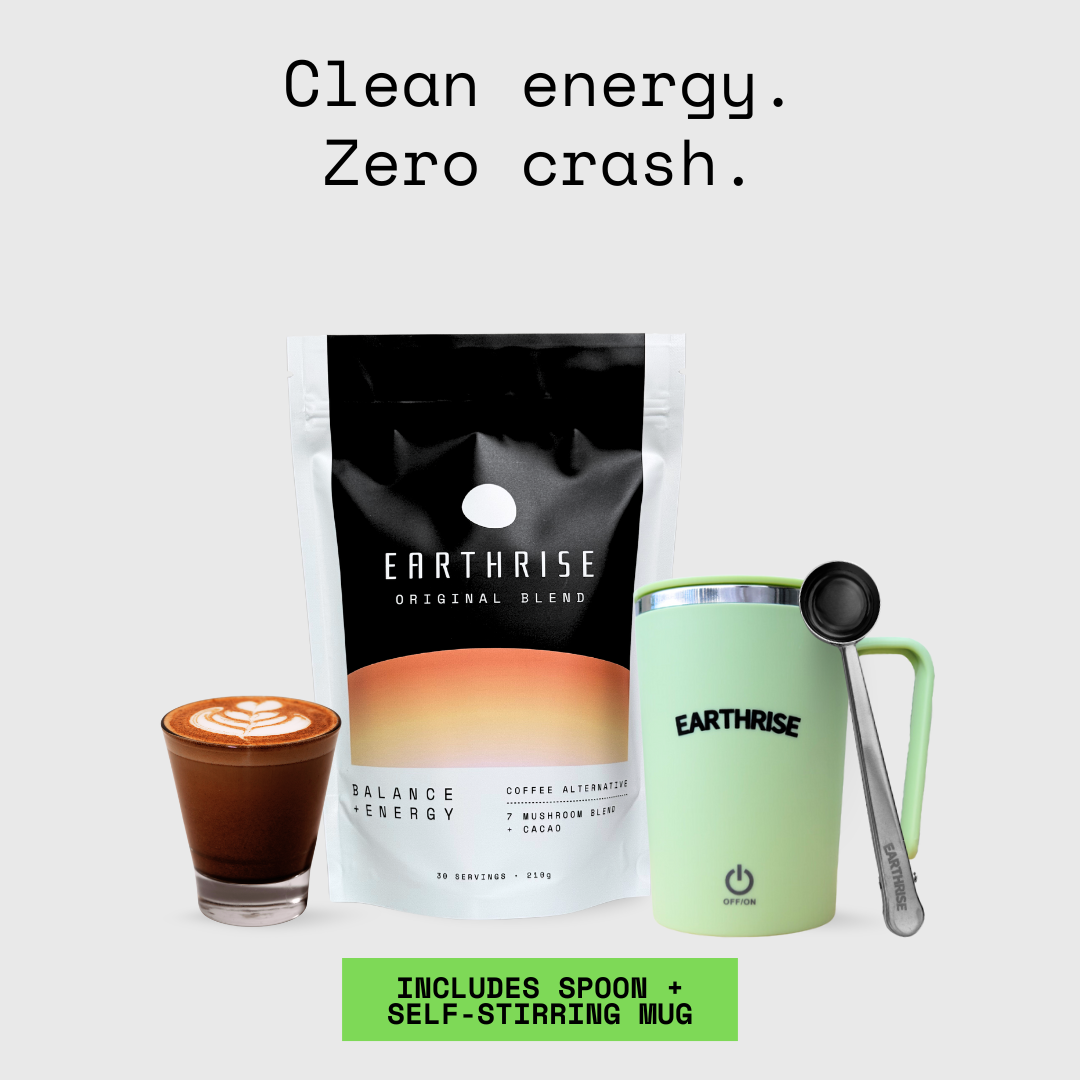 Earthrise Original Blend coffee alternative Starter Kit with Green Self-stirring Mug and Silver serving spoon