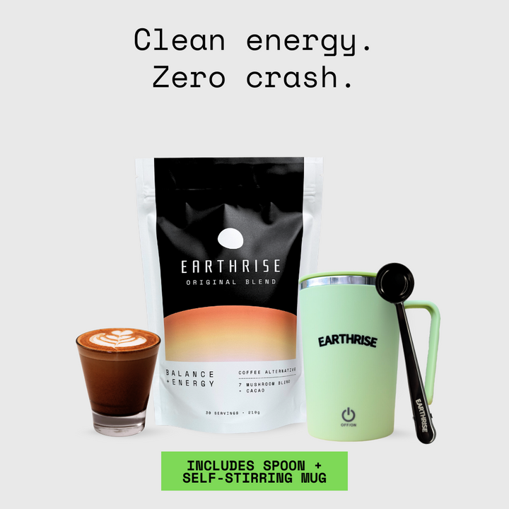 Earthrise Original Blend coffee alternative Starter Kit with Green Self-stirring Mug and Black serving spoon