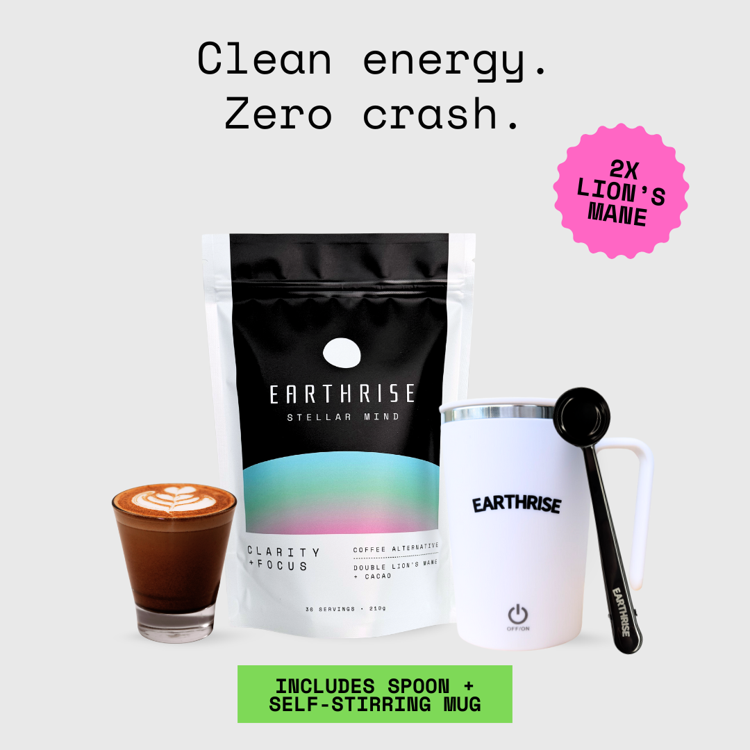 Earthrise Stellar Mind coffee alternative Starter Kit with White Self-stirring Mug and Black serving spoon