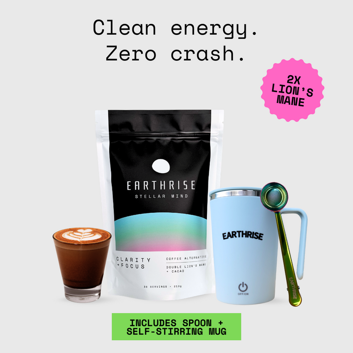 Earthrise Stellar Mind coffee alternative Starter Kit with Blue Self-stirring Mug and Nebula serving spoon