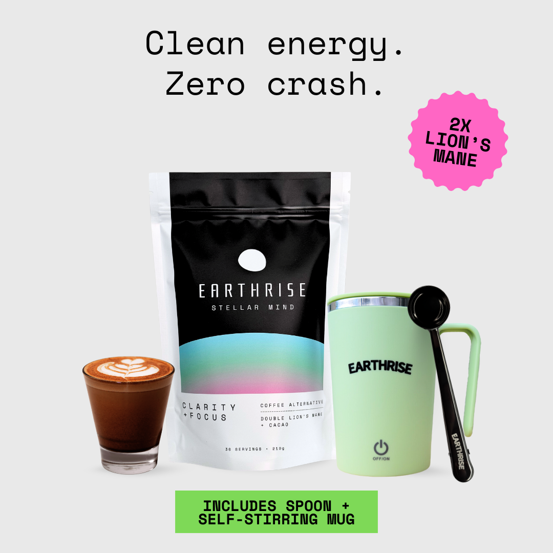 Earthrise Stellar Mind coffee alternative Starter Kit with Green Self-stirring Mug and Black serving spoon