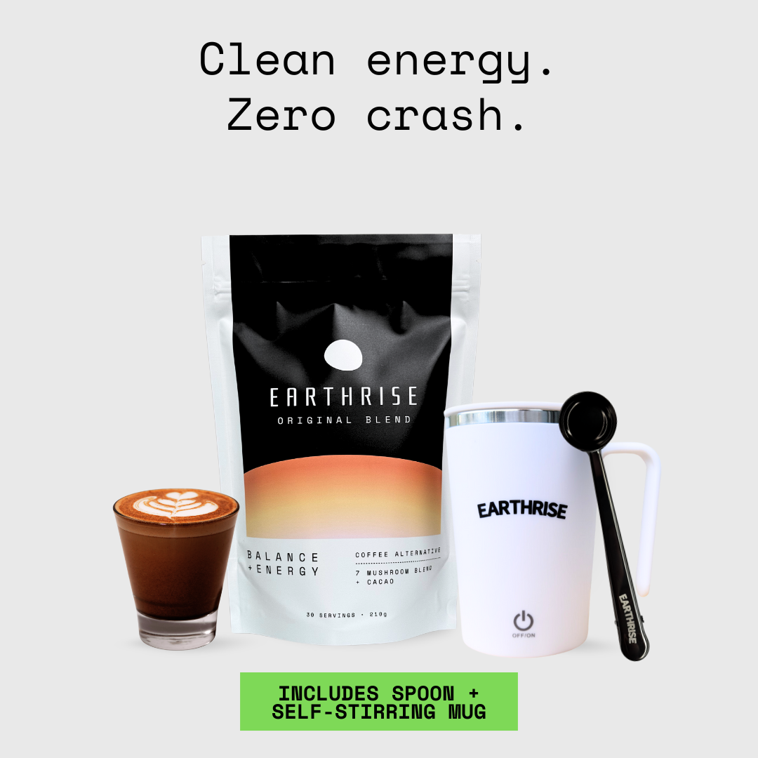 Earthrise Original Blend coffee alternative Starter Kit with White Self-stirring Mug and Black serving spoon