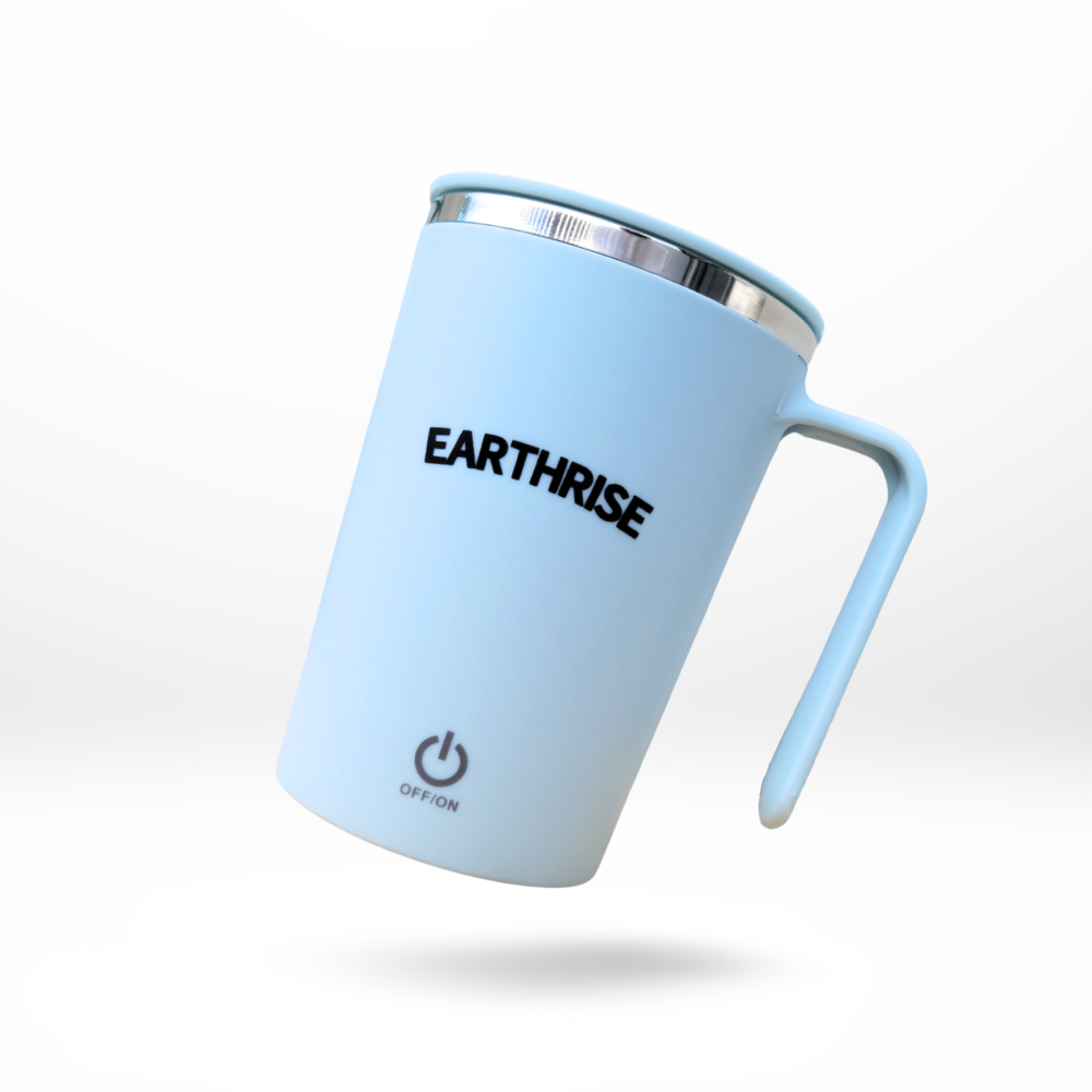 A blue Earthrise self-stirring mug
