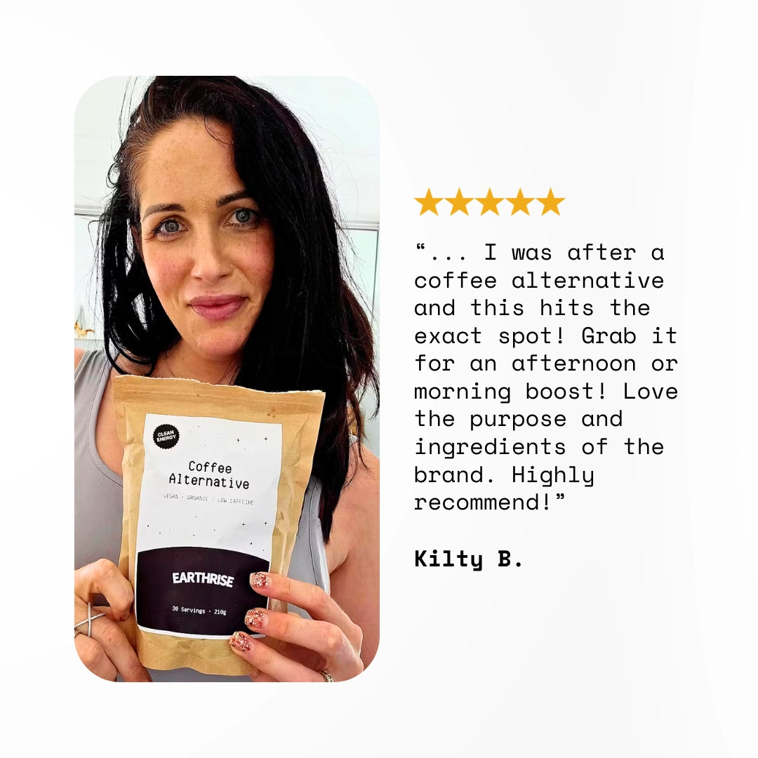 A review from a customer stating "5 stars. I was after a coffee alternative and this hits the spot! Grab it for an afternoon or morning boost. Highly recommend!" from Kilty B.