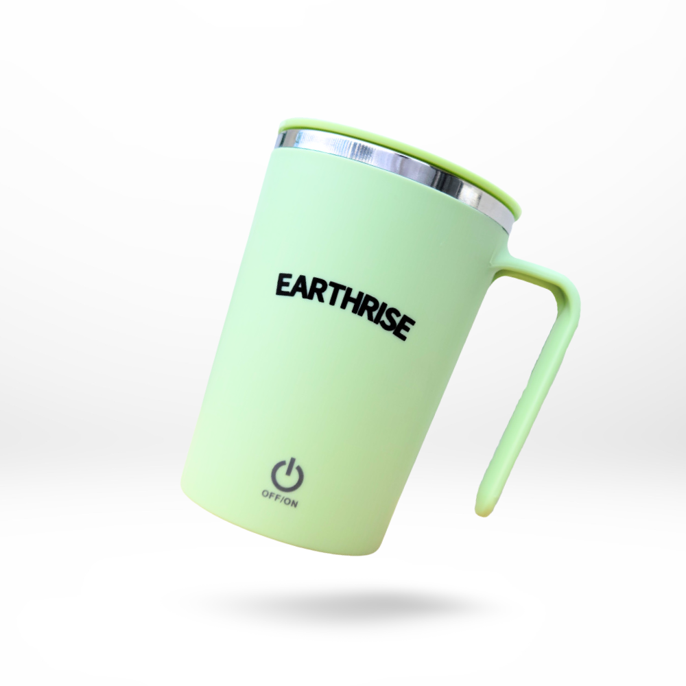 A green Earthrise self-stirring mug