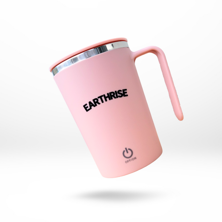 A pink Earthrise self-stirring mug