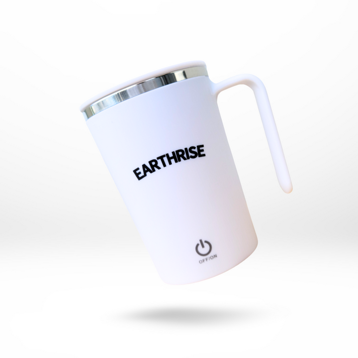 A white Earthrise self-stirring mug