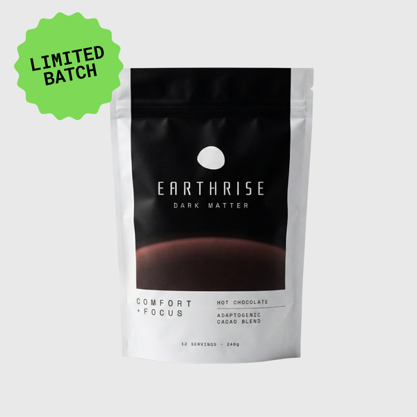 Earthrise Dark Matter adaptogenic hot chocolate, 12 servings, 240g, limited batch.