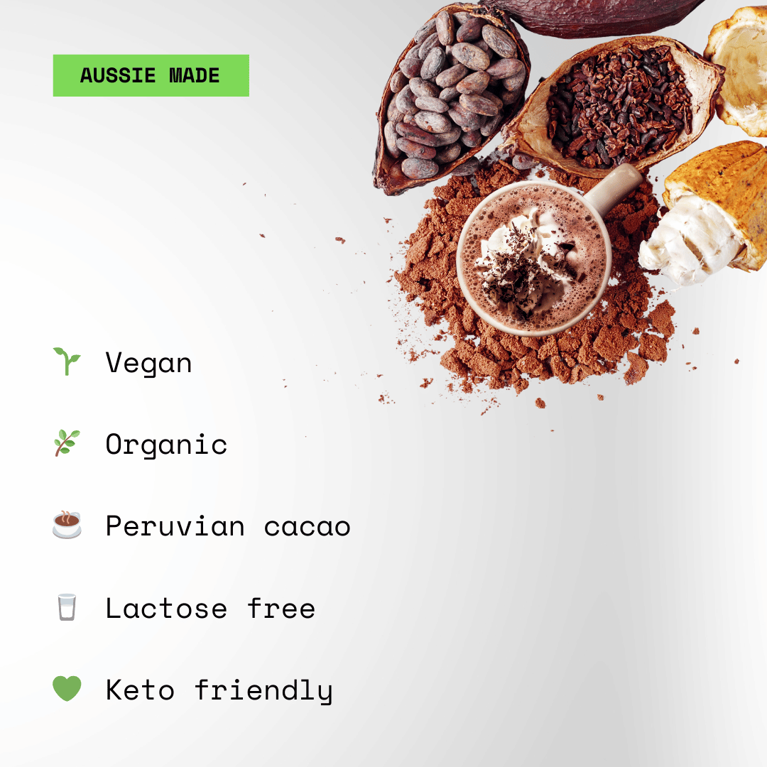 Aussie made, vegan, organic, peruvian cacao, lactose free and keto friendly.