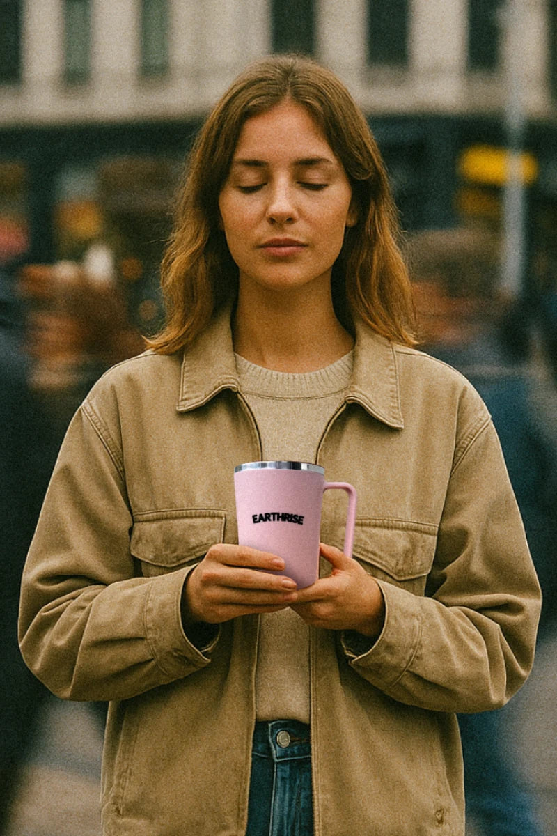 A person holding an Earthrise mug, standing in a crowded city, looking content