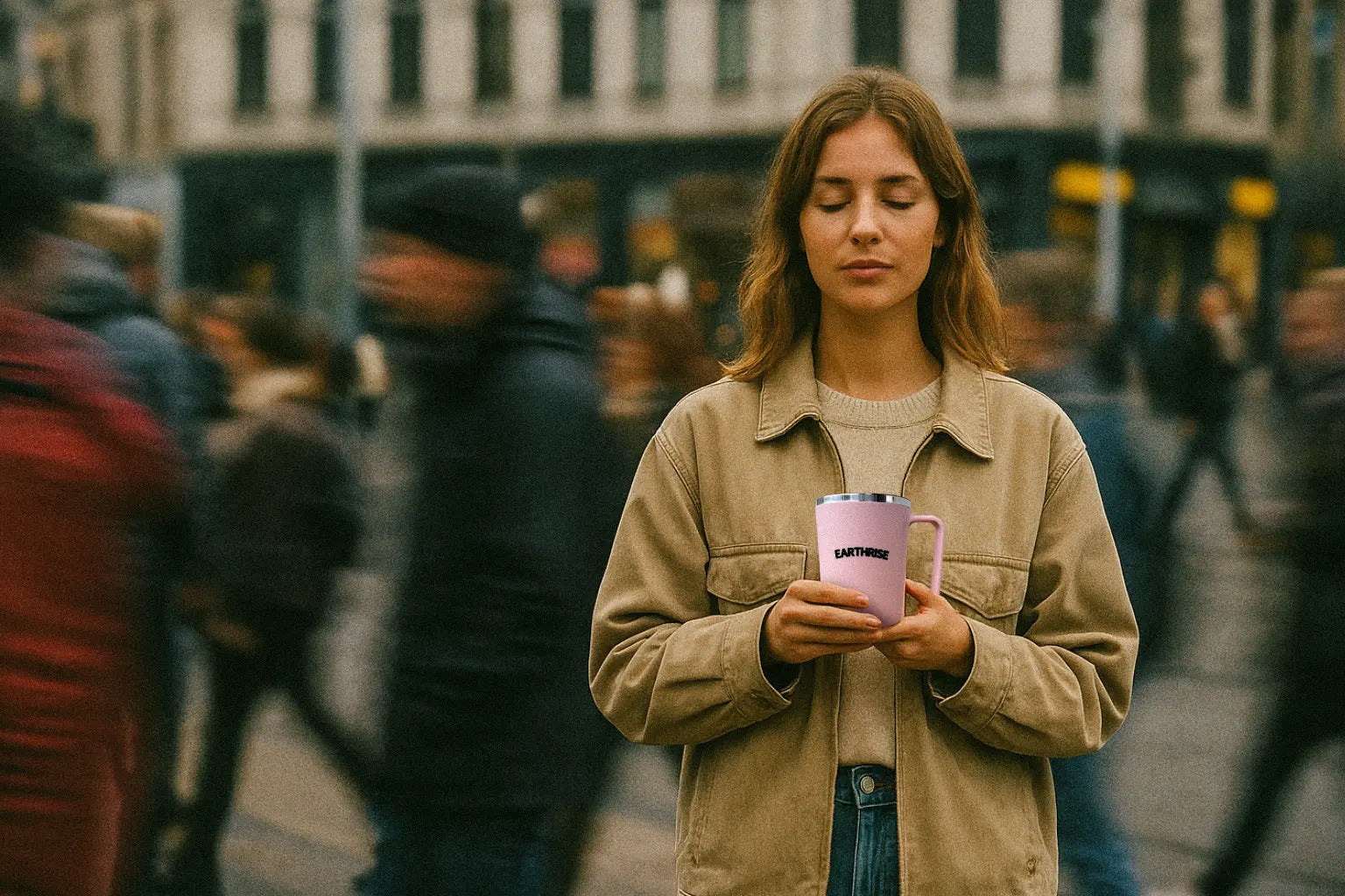 A person holding an Earthrise mug, standing in a crowded city, looking content
